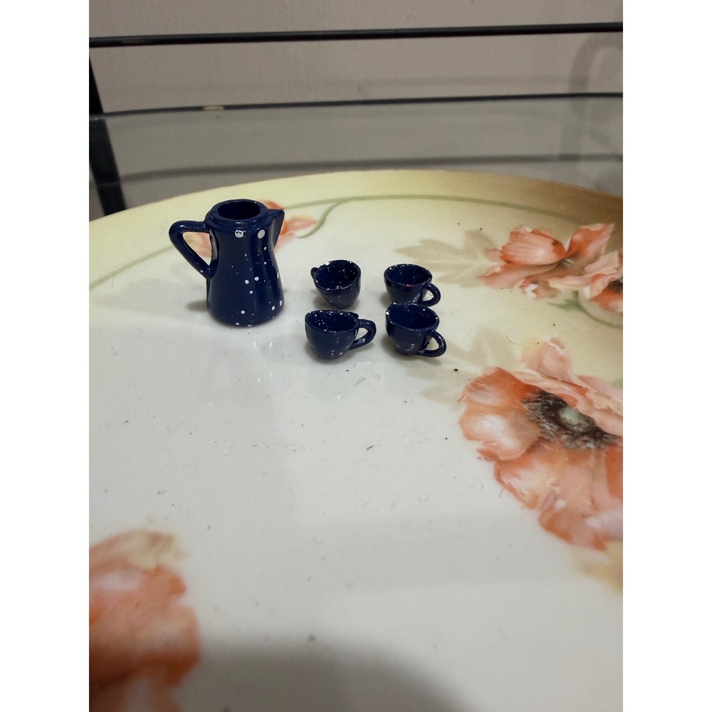Miniature Blue Speckled Ceramic Tea Set 5pc Dollhouse Pitcher Cups 1:12 Scale